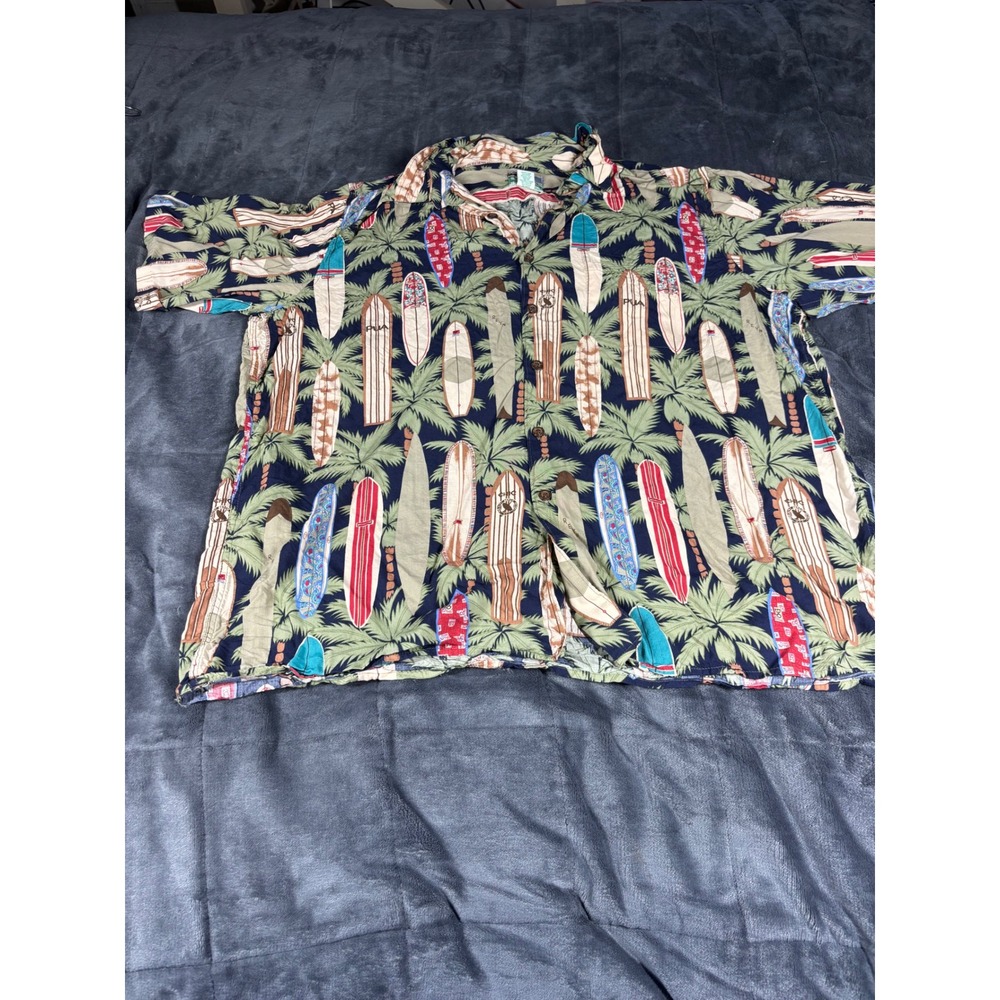 Reyn Spooner Mens XXL Hawaiian Shirt Surfboard Palm Tree Rayon Navy Blue Aloha